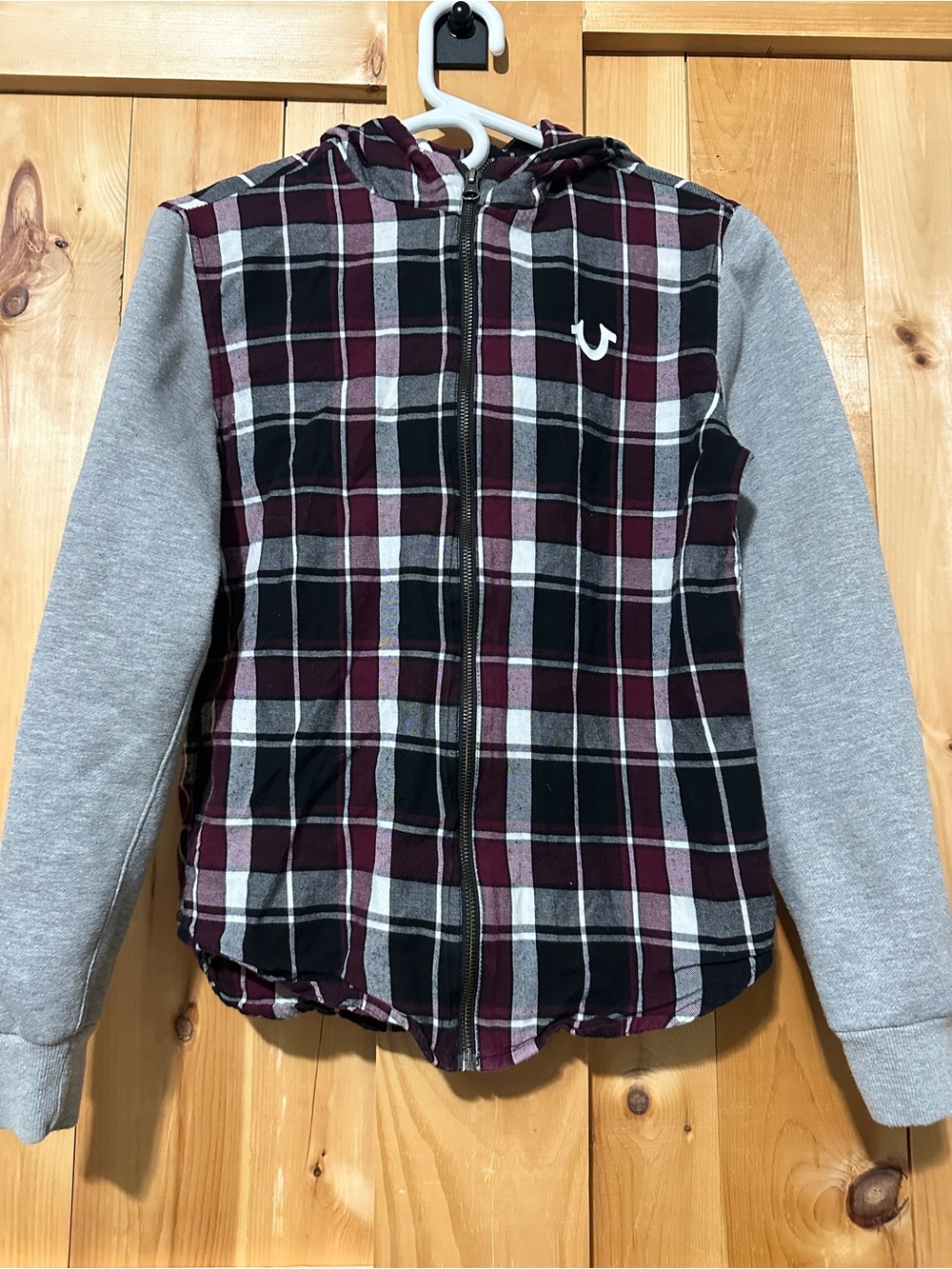 True Religion Plaid Full Zip Hoodie Jacket Burgundy Grey Black White Size Large